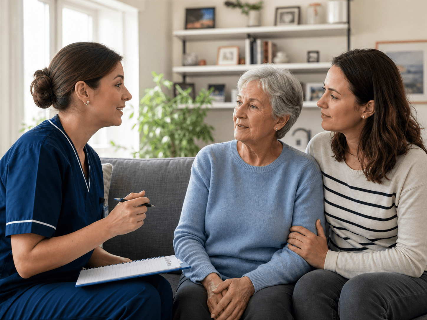 Une infirmière échange avec une patiente âgée et sa proche à domicile
